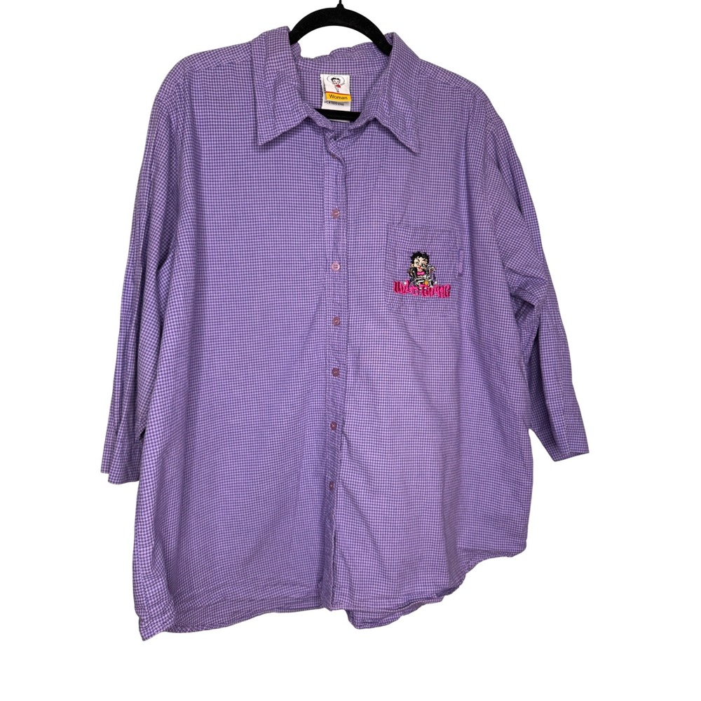 Vintage 2002 Betty Boop Wild Thing‎ purple checkered button down blouse